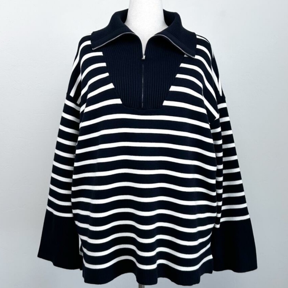 Elie Tahari Navy Stripe Zip Mock Neck Pullover Sweater Plus 2x